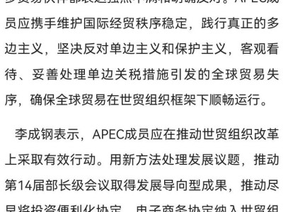 李成钢出席APEC贸易部长会议，呼吁维护多边贸易体制，推动人工智能赋能贸易便利化